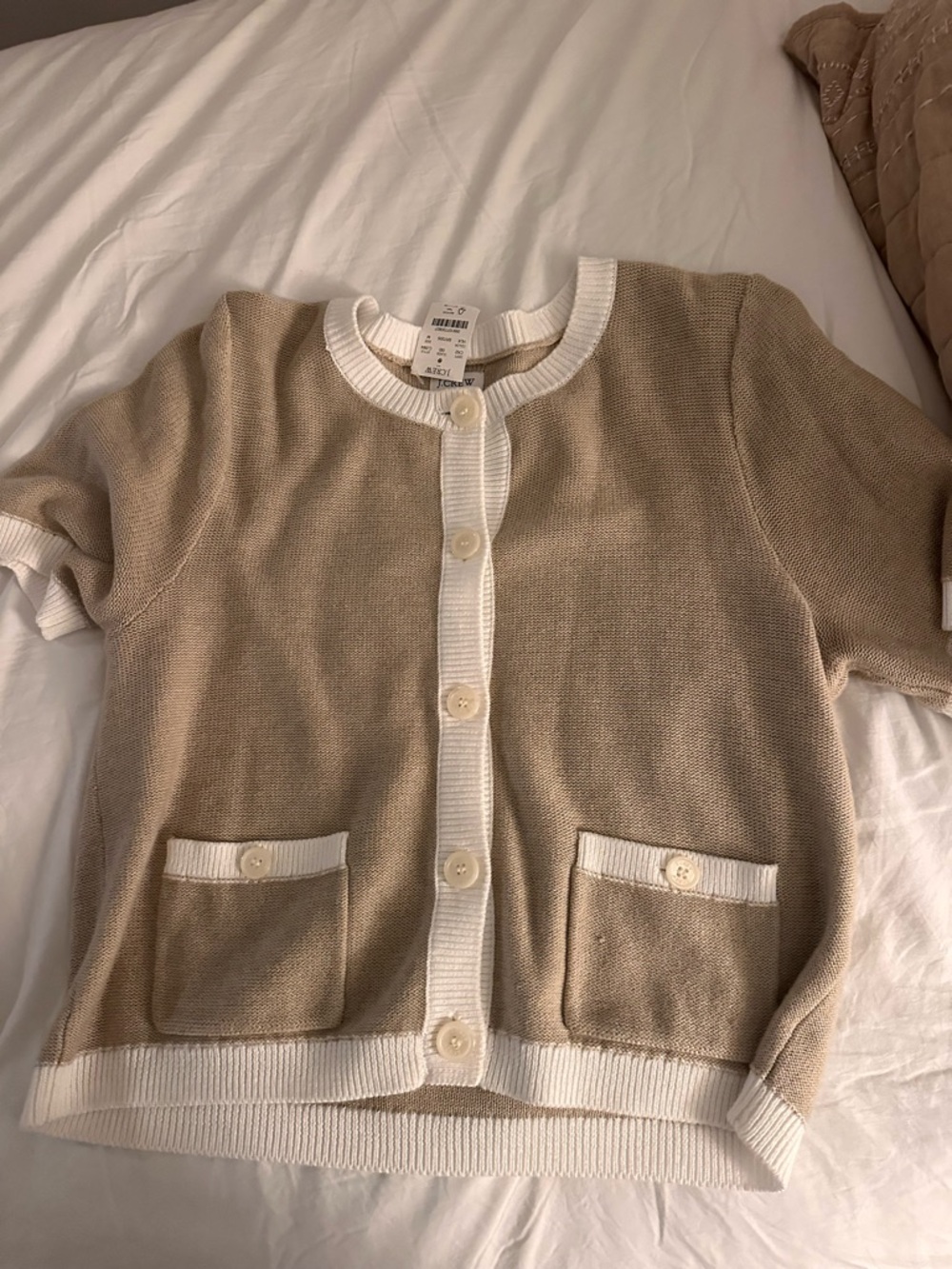 J. Crew Beige Knit Button-Front Short-Sleeve Cardigan with Cream Trim - Picture 3 of 4